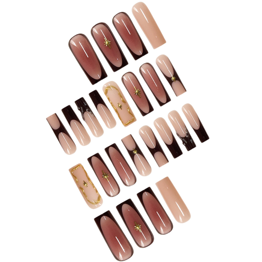 Artistic Long Press-On Nail Art Extensions with Gold Detailing Bowlift