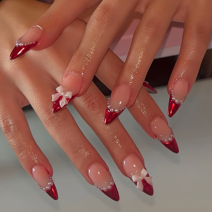 Decorative Stiletto Press-On Nails with Pearls and Bow Accents Bowlift