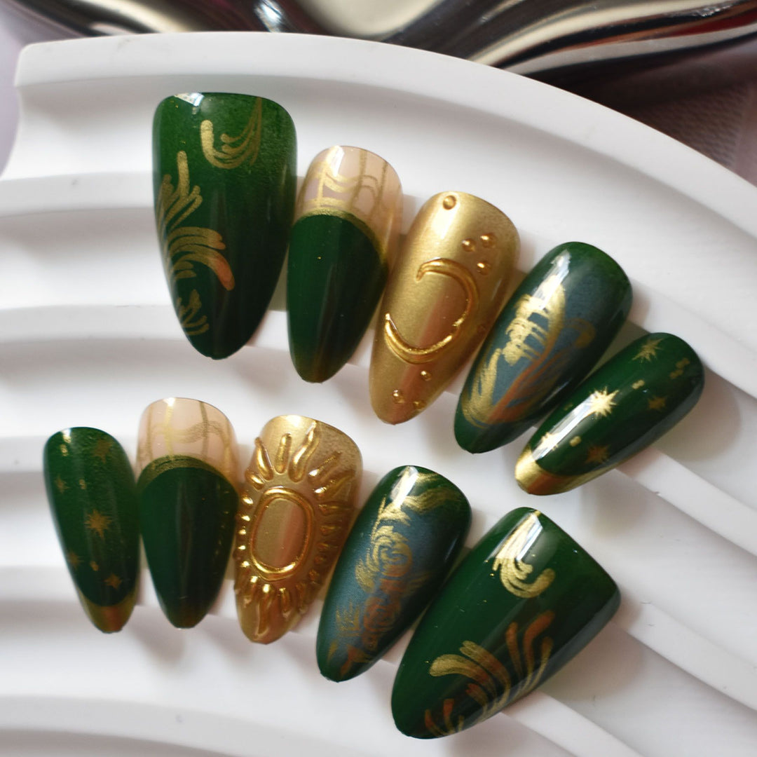 Artistic Press-On Nail Art Set with Celestial and Floral Designs Bowlift