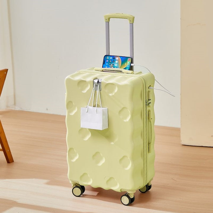 hard-shell carry-on suitcase with integrated foldable cup holder phone cradle USB charging port and external bag hooks Bowlift