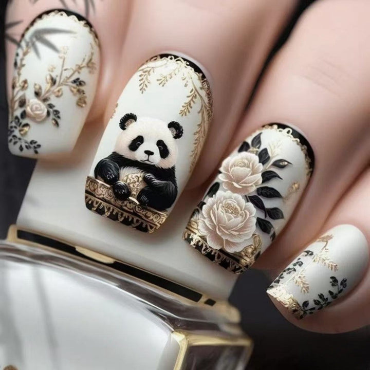 Artificial nails with floral panda design Bowlift