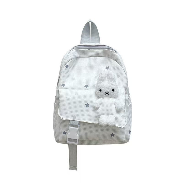 Backpack with Playful Checkered Pattern and Cute Plush Pendant Bowlift