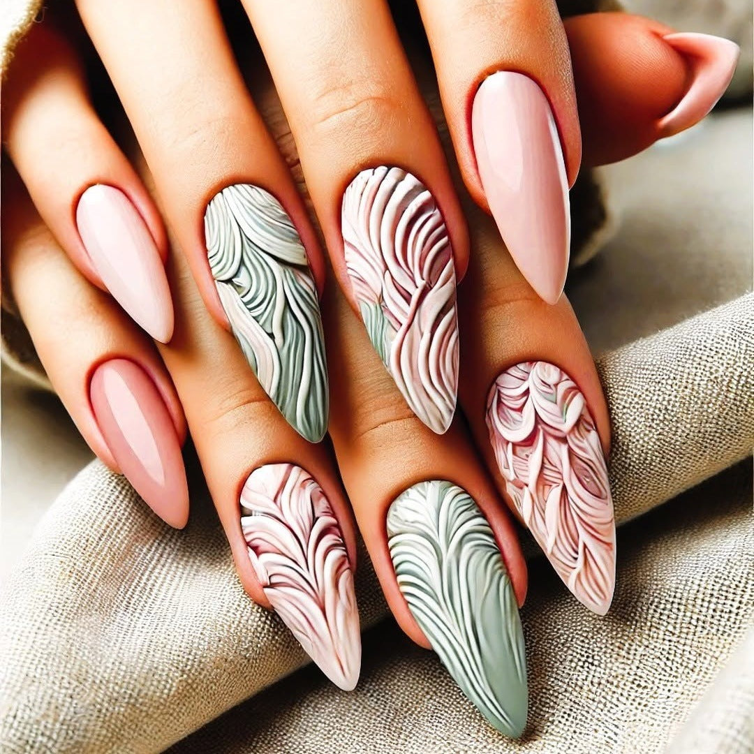 Artificial Nails Set with Modern Marble and Flower Patterns Bowlift