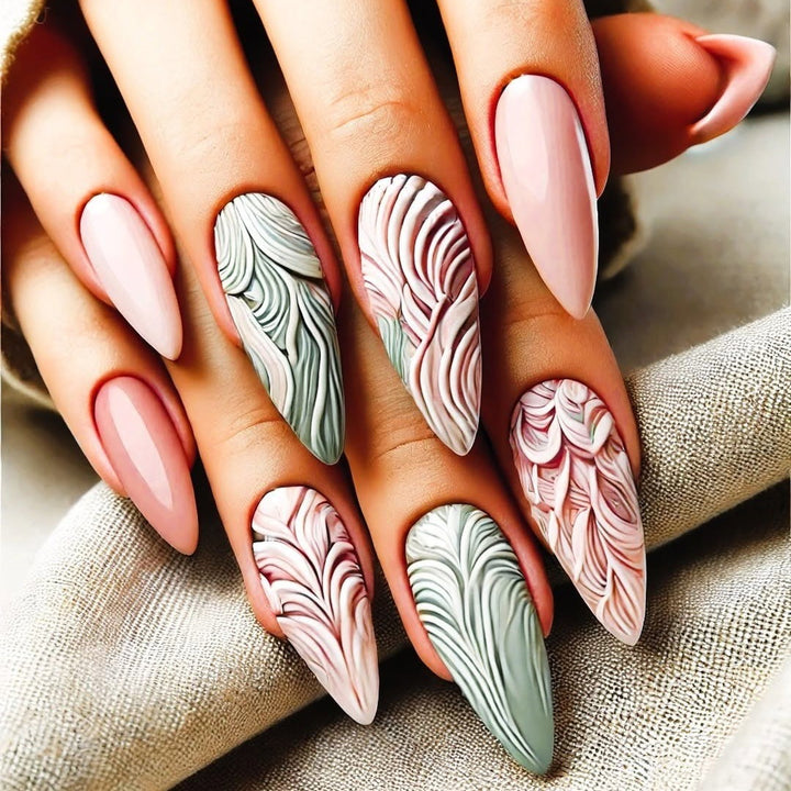 Artificial Nails Set with Modern Marble and Flower Patterns Bowlift