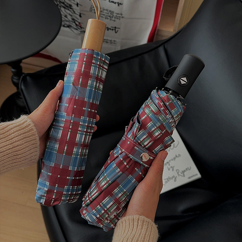 Women's Folding Umbrella in Modern Check Pattern Bowlift