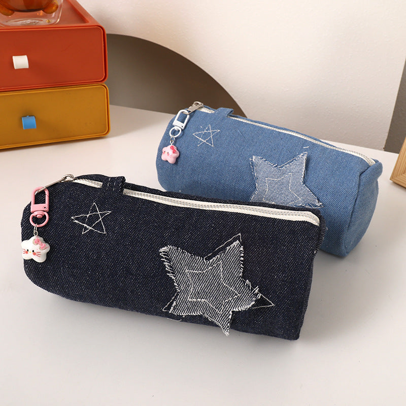 Denim Star Patch Pencil Case and Cosmetic Makeup Bag with Zipper Charm Bowlift