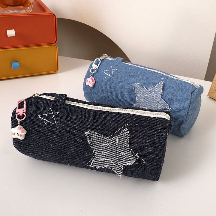 Denim Star Patch Pencil Case and Cosmetic Makeup Bag with Zipper Charm Bowlift