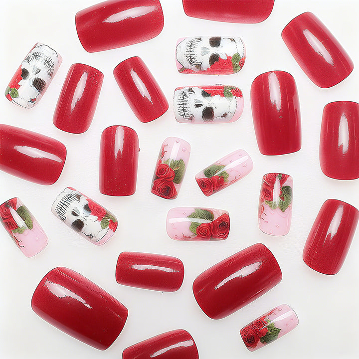 Artistic Nail Tips with Skull and Rose Pattern Bowlift