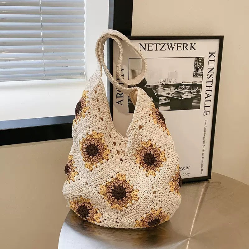 Macrame Tote Bag with Colorful Sunflower Pattern Bowlift