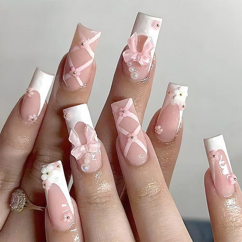 Floral Bow-Embellished Long Press-On Nails Bowlift