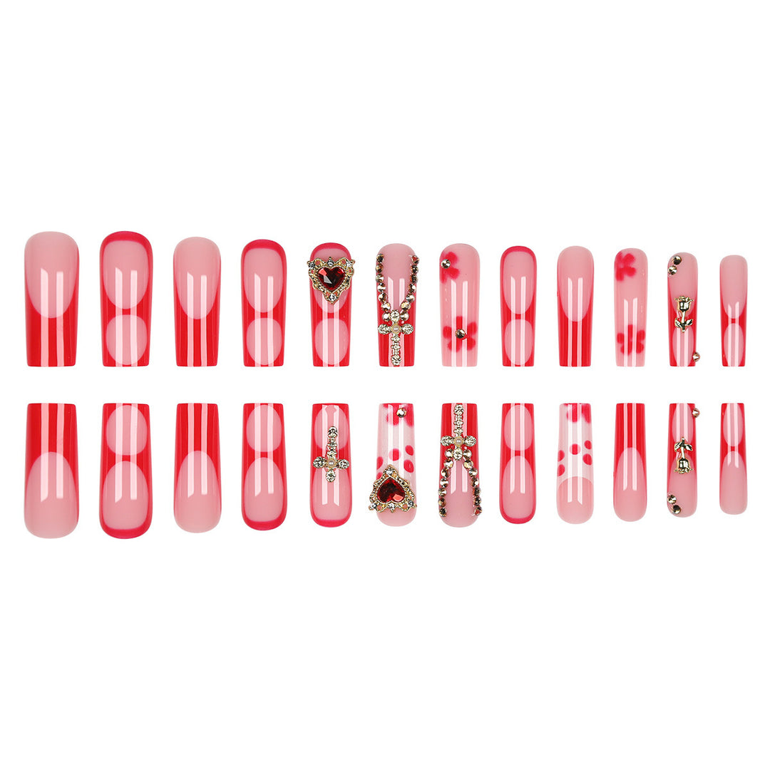 Glamorous Stiletto Press-On Nails with Artistic Gold and Red Accents Bowlift