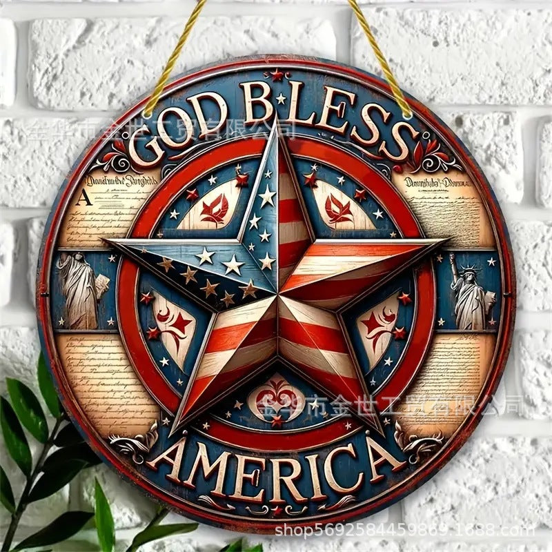 Independence Day rustic round wooden patriotic cross wall plaque with floral accents and God Bless America banner Bowlift