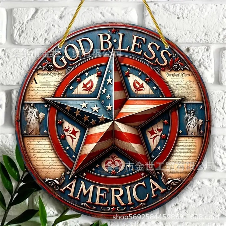 Independence Day rustic round wooden patriotic cross wall plaque with floral accents and God Bless America banner Bowlift
