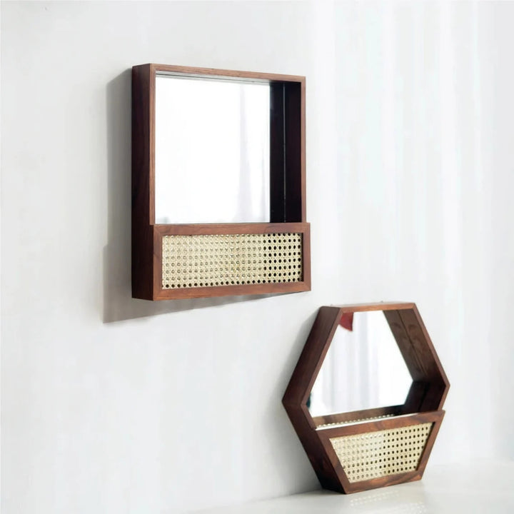 Rustic wall mirror with natural rattan frame Bowlift