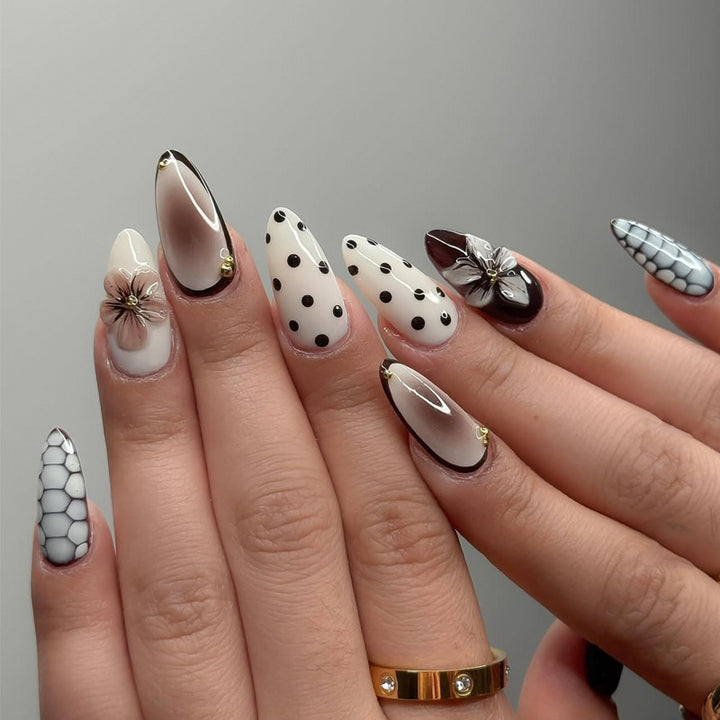 Artistic Stiletto Press-On Nail Set with Polka Dot and Floral Designs Bowlift