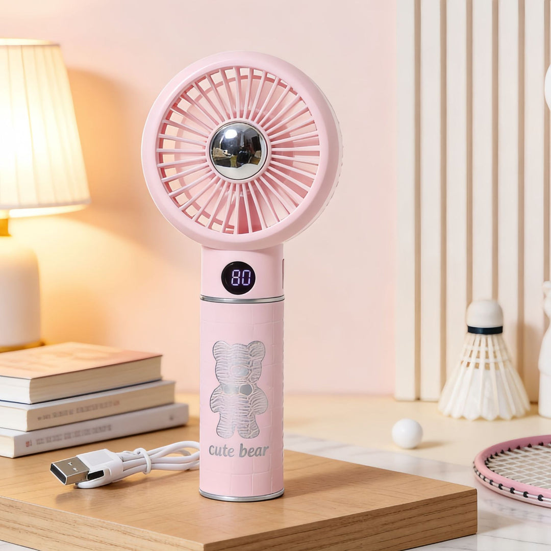Ladies Portable Mini Hand Fan with Digital Temperature Display and Cute Bear Design Bowlift