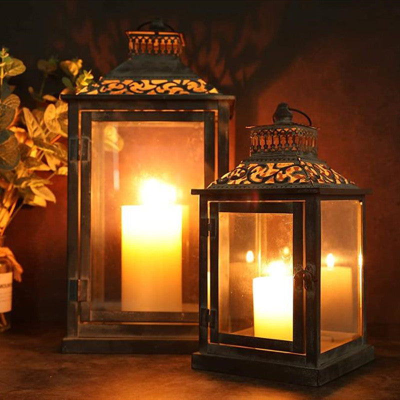 Ornate Distressed Wooden and Metal Glass-Paneled Decorative Lantern Bowlift