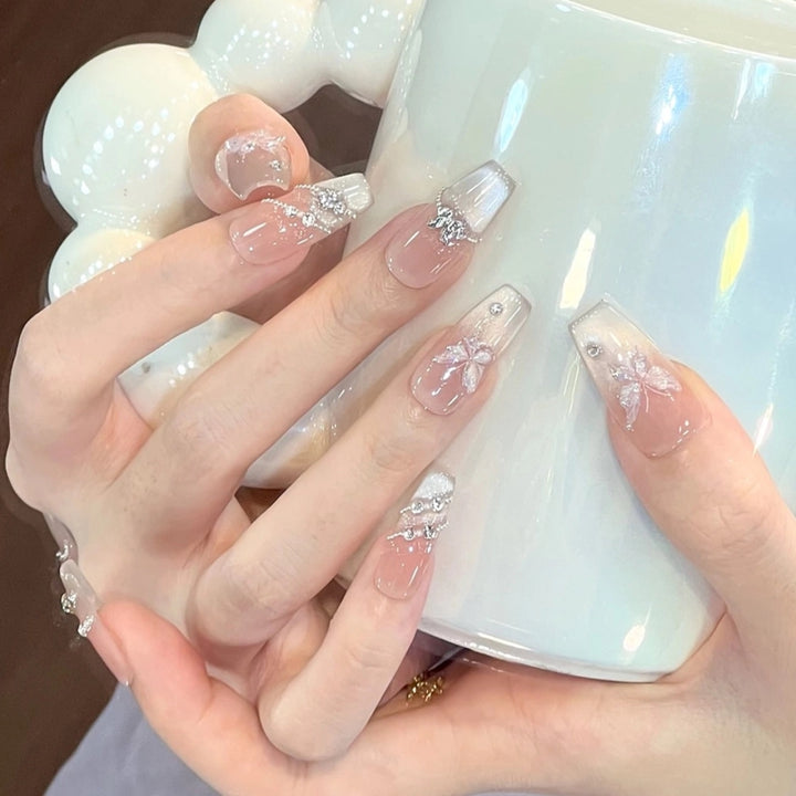 Elegant Press-On Nail Set with Butterfly and Gemstone Accents Bowlift