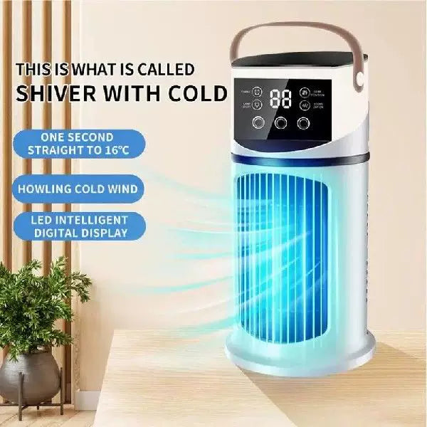 Unisex one size rechargeable tower climate fan with touch LED control, integrated humidifying reservoir, and leather carrying handle Bowlift