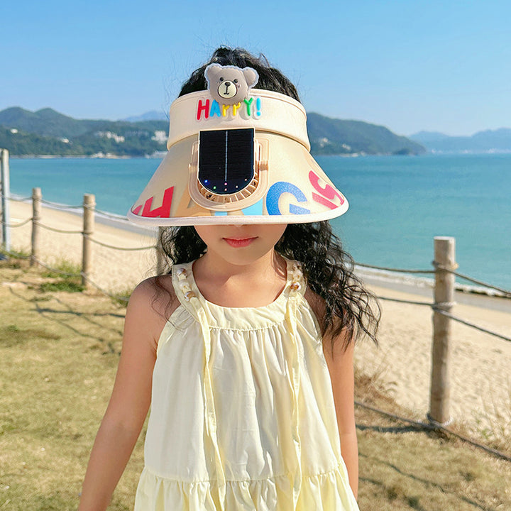Adjustable children sun visor with integrated mini fan and extra wide brim Bowlift
