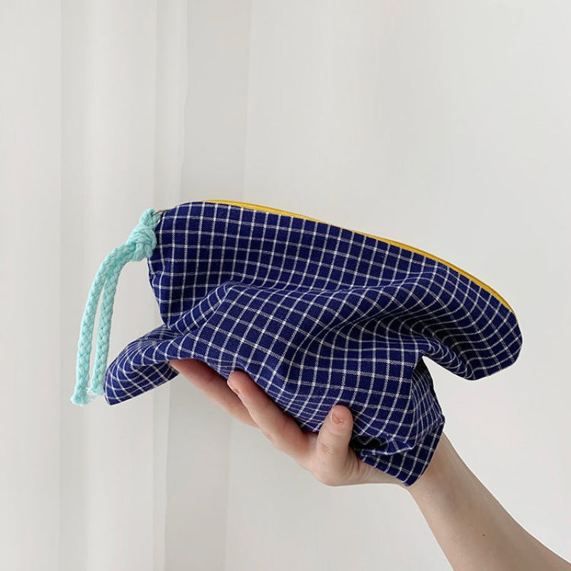 Checked Cotton Zip Pouch with Tassel Accent Bowlift