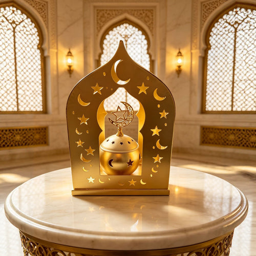 Ornate Metal Crescent-Star Tabletop Lantern with Rotating Incense Burner Bowlift