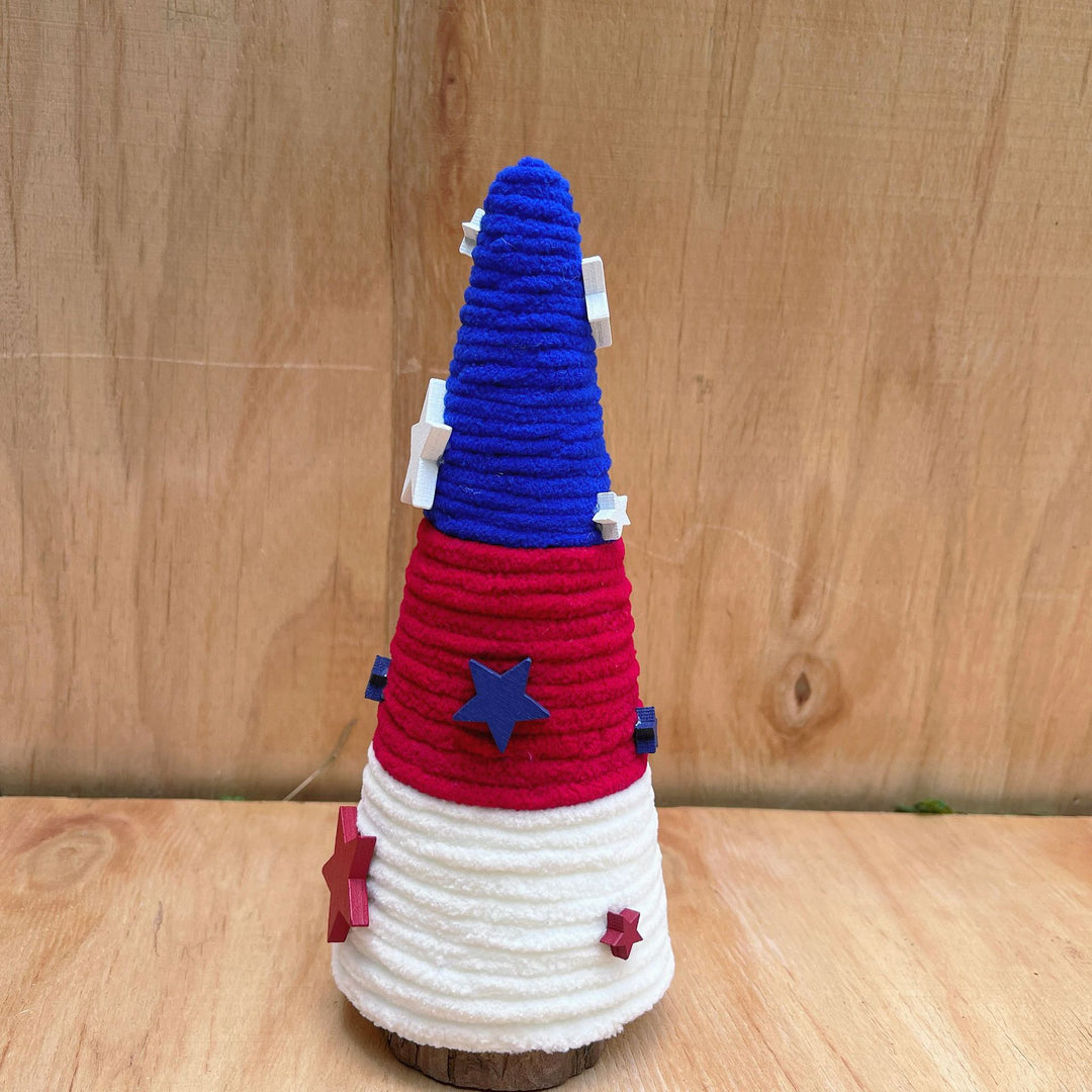 Unisex decorative table top Christmas tree made of felt and knitted structure with star appliqués Bowlift