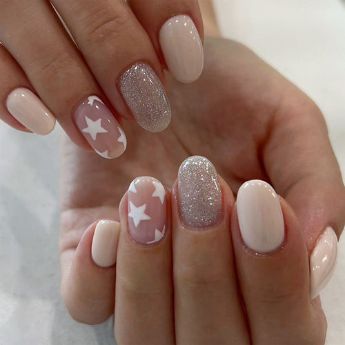 Acrylic nails with star and glitter pattern Bowlift