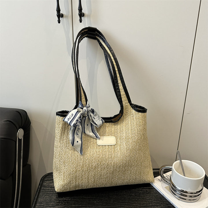 Textured Weave Tote Bag with Elegant Bow Bowlift