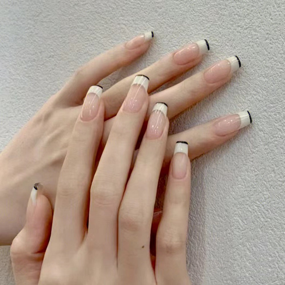 French Tip Press-On Nails with Elegant Black Detailing Bowlift