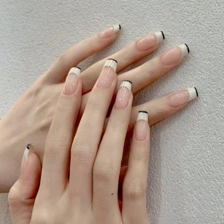 French Tip Press-On Nails with Elegant Black Detailing Bowlift