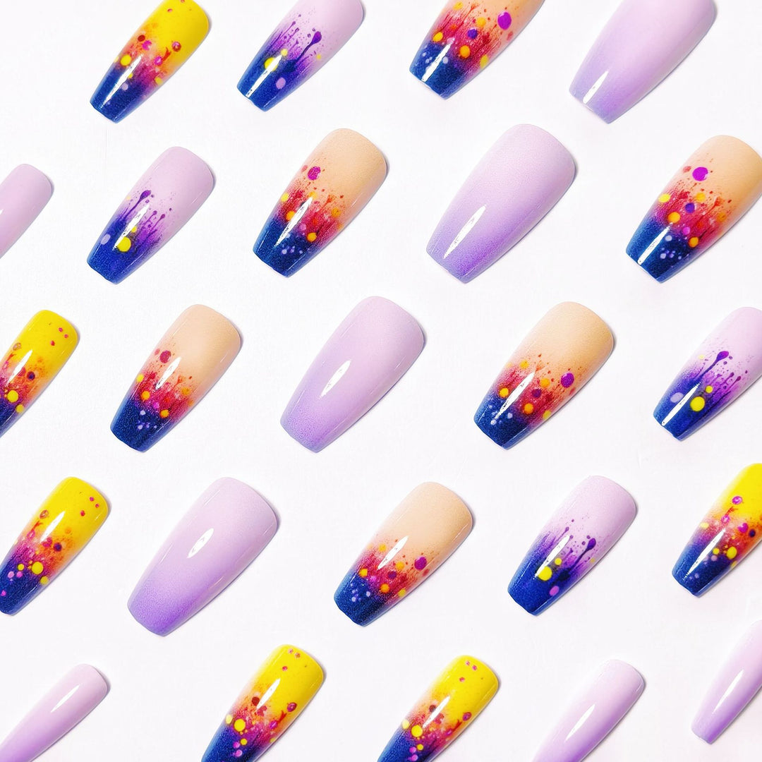 Artificial nails with vibrant gradient and splash pattern Bowlift