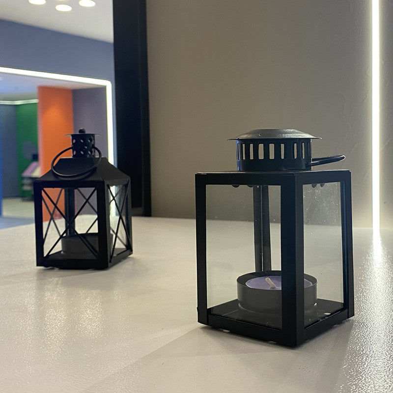 Mini Metal Tea Light Lantern with Glass Panels and Foldable Carry Handle Bowlift