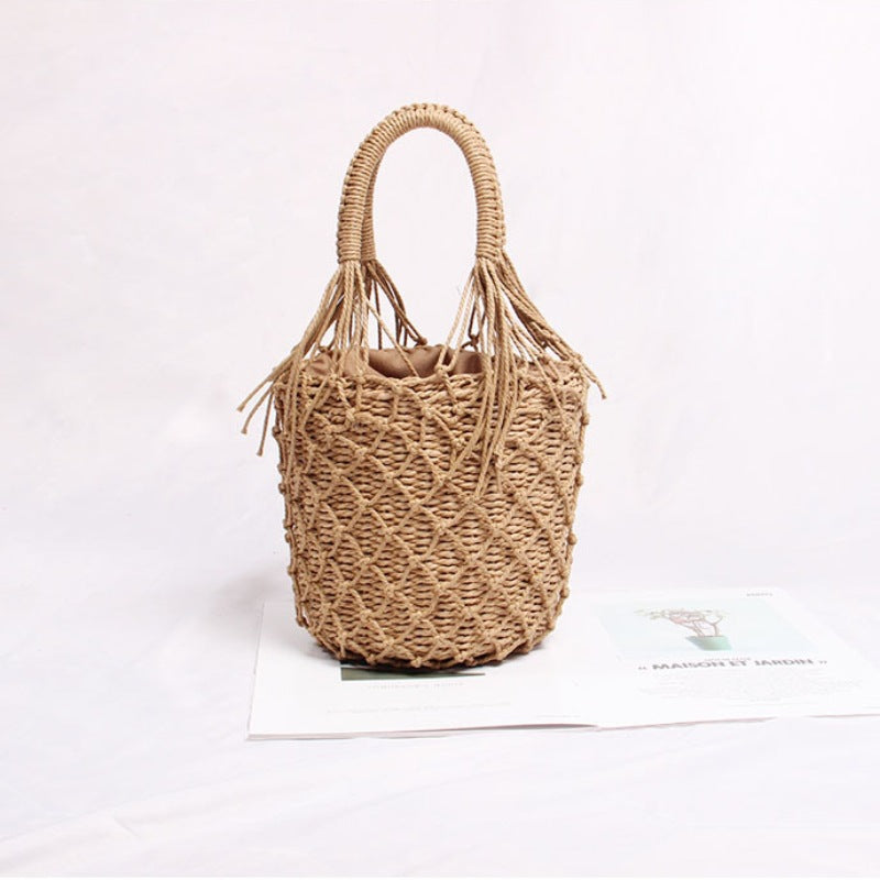 Braided Macrame Shoulder Bag with Decorative Fringe Bowlift