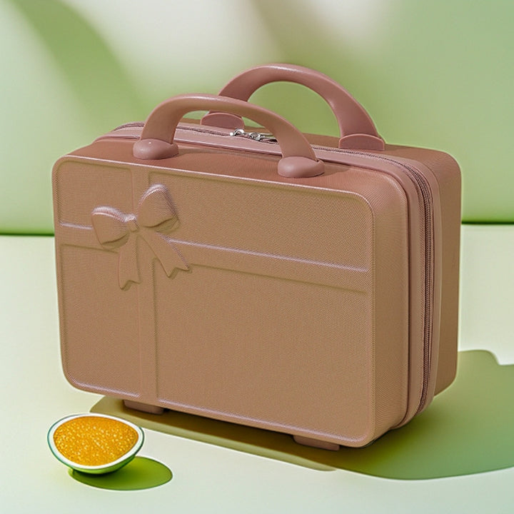 structured hard-shell cosmetic travel case with embossed bow and dual top handles Bowlift