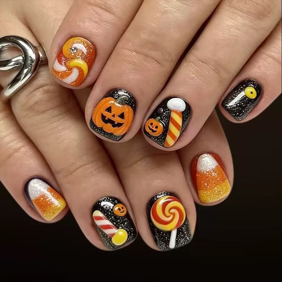 Halloween Fake Nail Set with playful pumpkin and candy motifs Bowlift