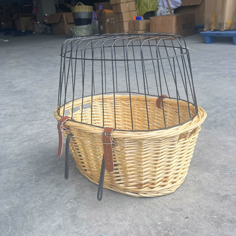 wicker bicycle pet carrier with removable washable liner and reinforced lockable metal dome Bowlift