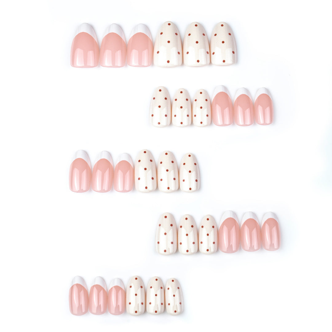 Elegant Press-On Nail Set with Polka Dot and French Tip Design Bowlift