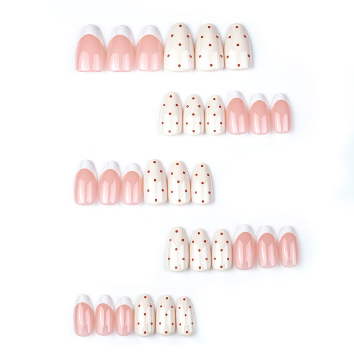 Elegant Press-On Nail Set with Polka Dot and French Tip Design Bowlift