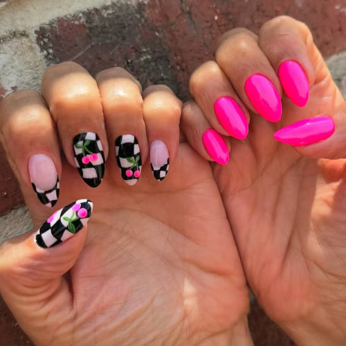Creative Checkerboard and Cherry Nail Art Bowlift