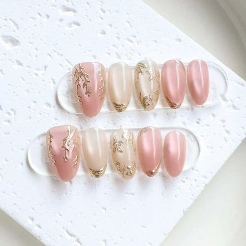 Elegant Press-On Nail Art Set with Gold Leaf Accents Bowlift