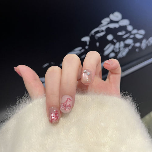 Decorative Press-On Nail Art Set with Cherry and Bow Accents Bowlift