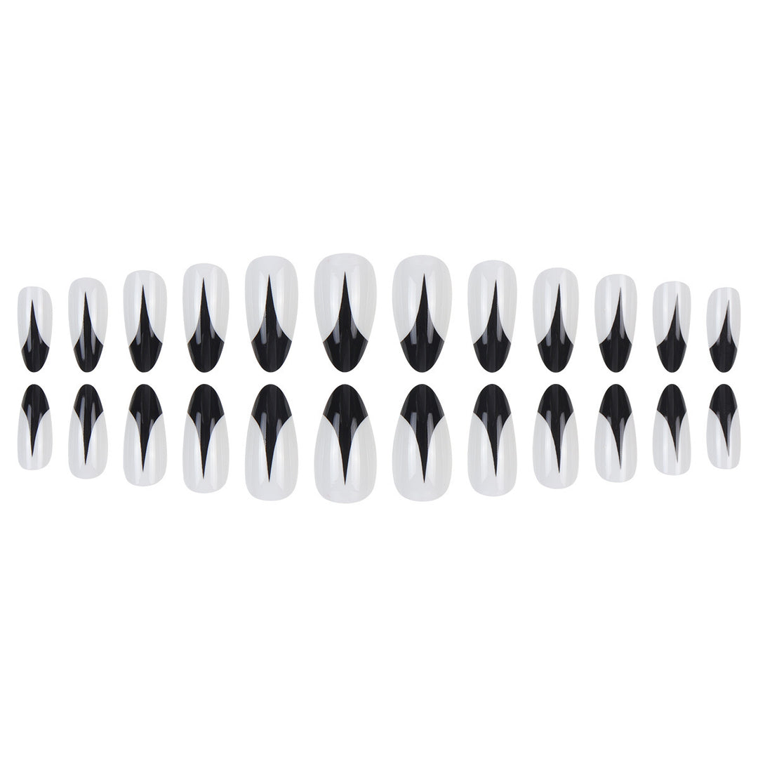 Trendy Stiletto Press-On Nails with Artistic Black and White Design Bowlift