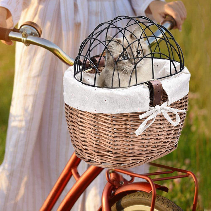 woven rattan pet carrier basket with collapsible metal dome and removable linen lining Bowlift