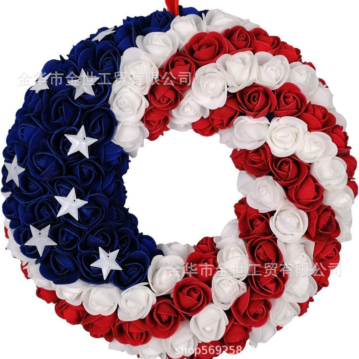Independence Day rustic round wooden patriotic cross wall plaque with floral accents and God Bless America banner Bowlift
