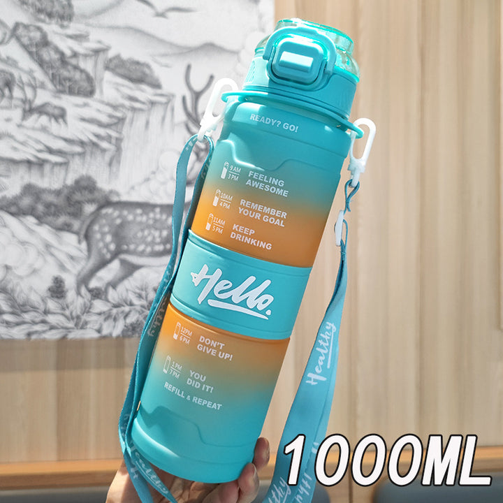 Women's motivation water bottle with time display and shoulder strap Bowlift