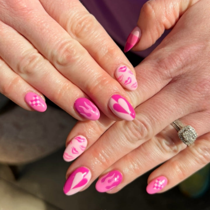 Artistic Press-On Nail Set with Heart and Flame Design Bowlift