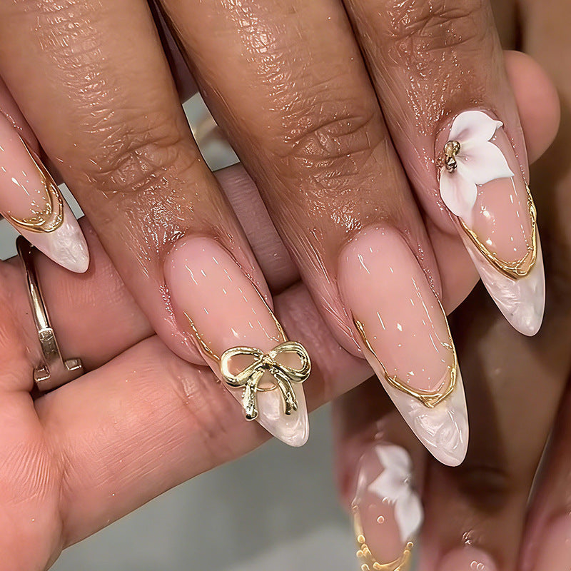 Elegant Press-On Nail Art Set with Decorative Bow Accents Bowlift
