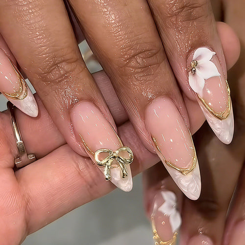 Elegant Press-On Nail Art Set with Decorative Bow Accents Bowlift