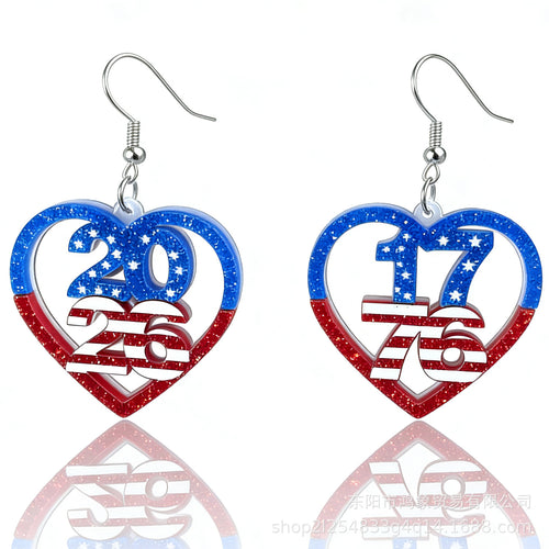 Women's nan patriotic heart dangle earrings with layered star stripe cutout and fishhook Bowlift